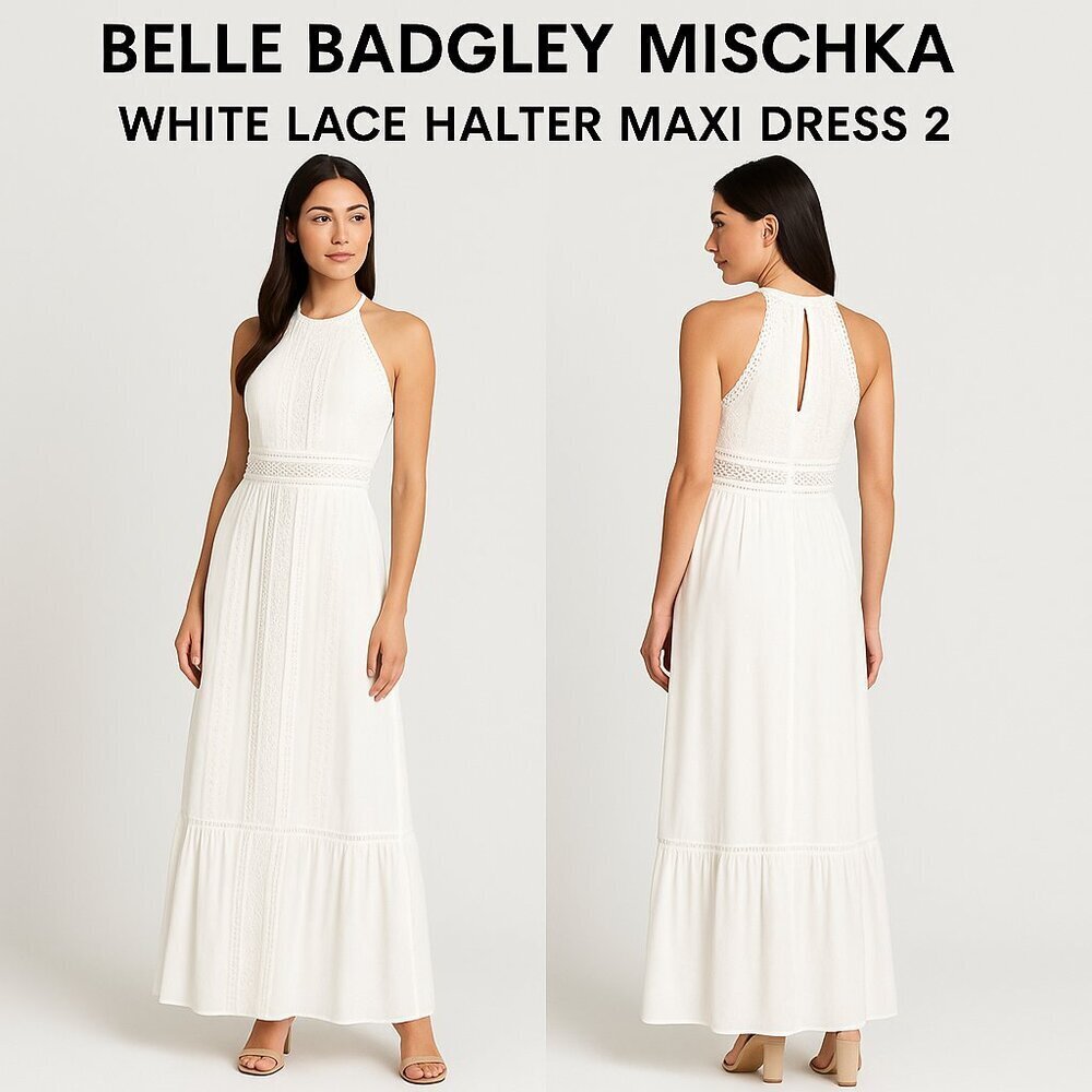 Belle Badgley Mischka White Lace Halter Maxi Dress Size 2